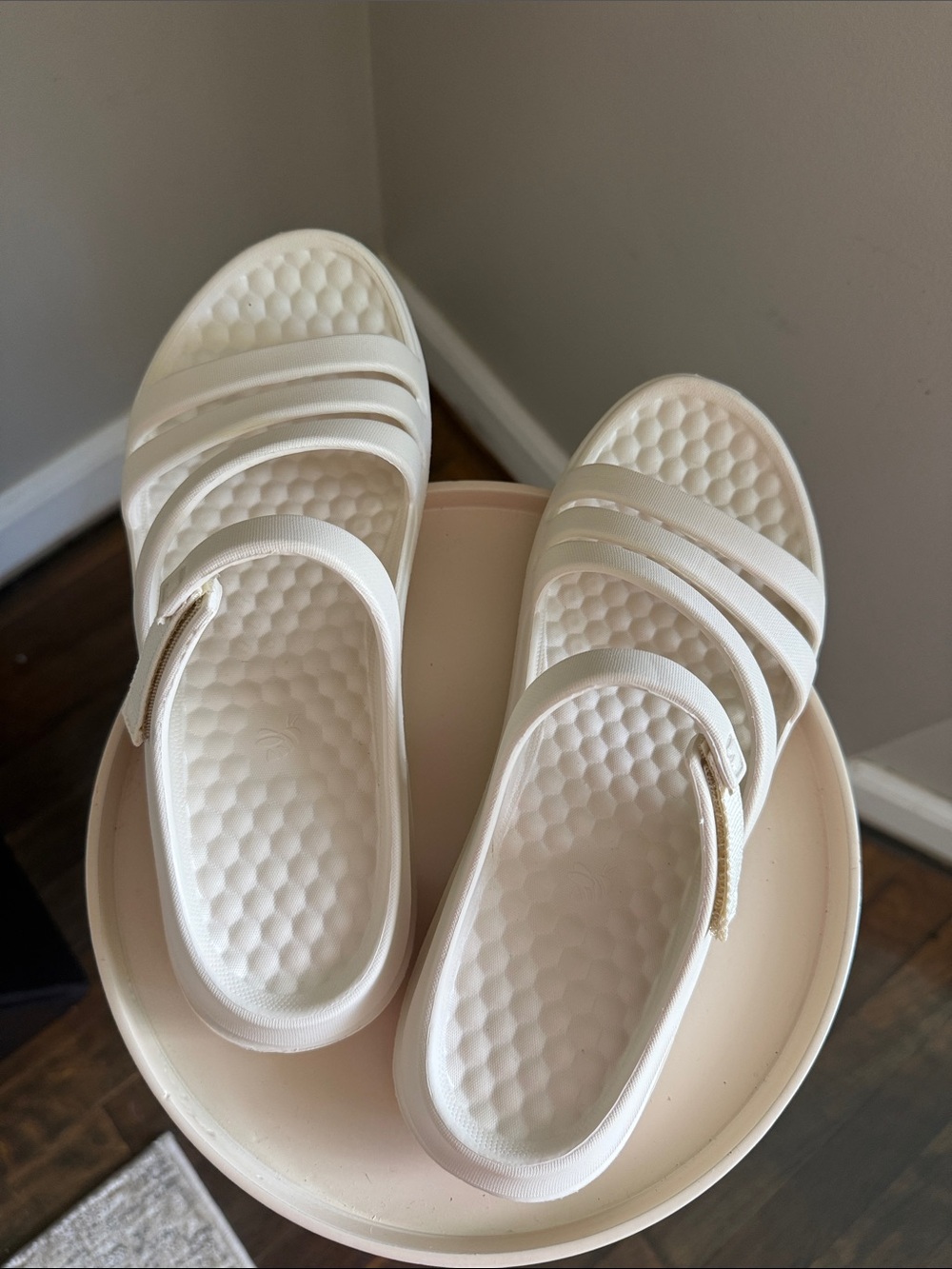 Triple-Strap Slip-On Sandals in Ivory